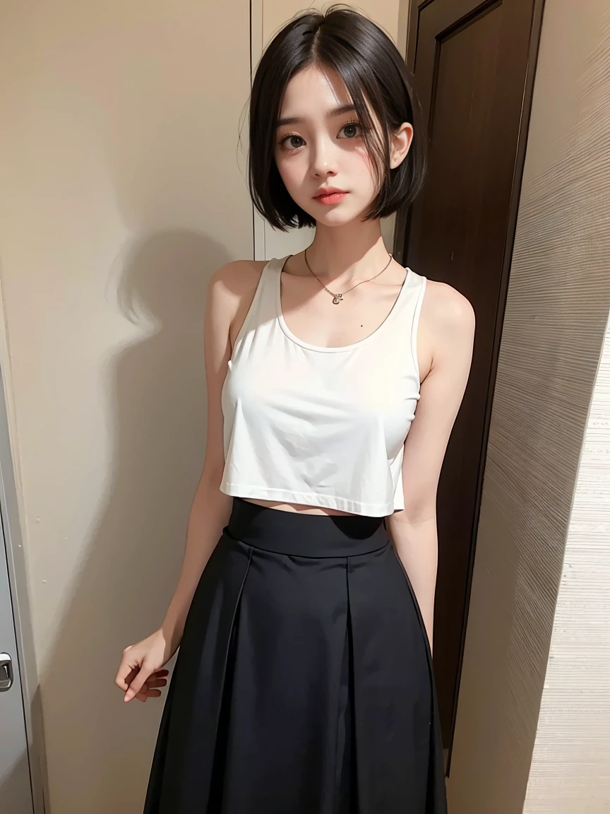 Short Hair。White tank top。Black long skirt。Standing posture。