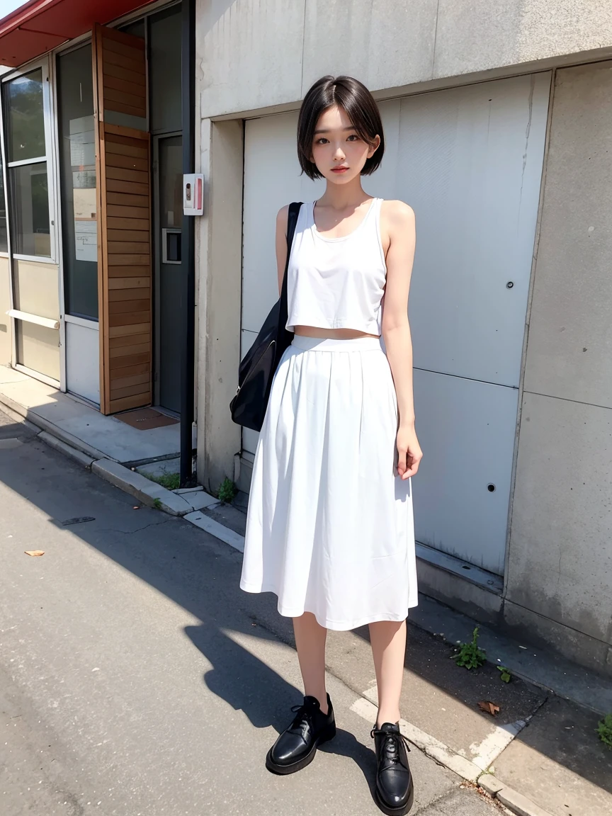 Short Hair。White tank top。Black long skirt。Standing posture。