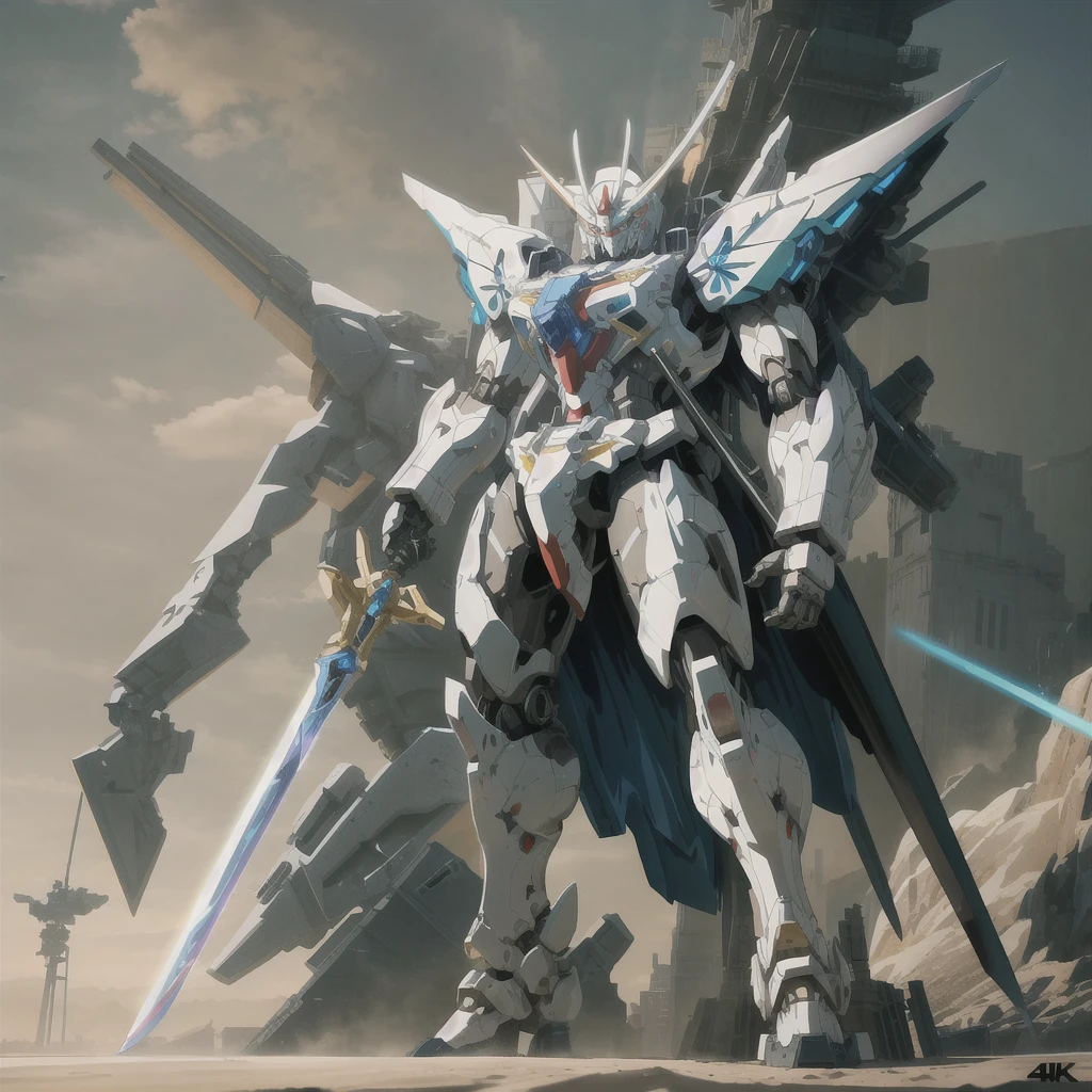 arafed robot standing in front of a huge structure with a sword, alexandre ferra white mecha, modern mecha anime, cool mecha style, an anime large mecha robot, white mecha, 4k highly detailed digital art, mecha art, concept art wallpaper 4k, anime mecha aesthetic, mecha anime, high quality digital concept art