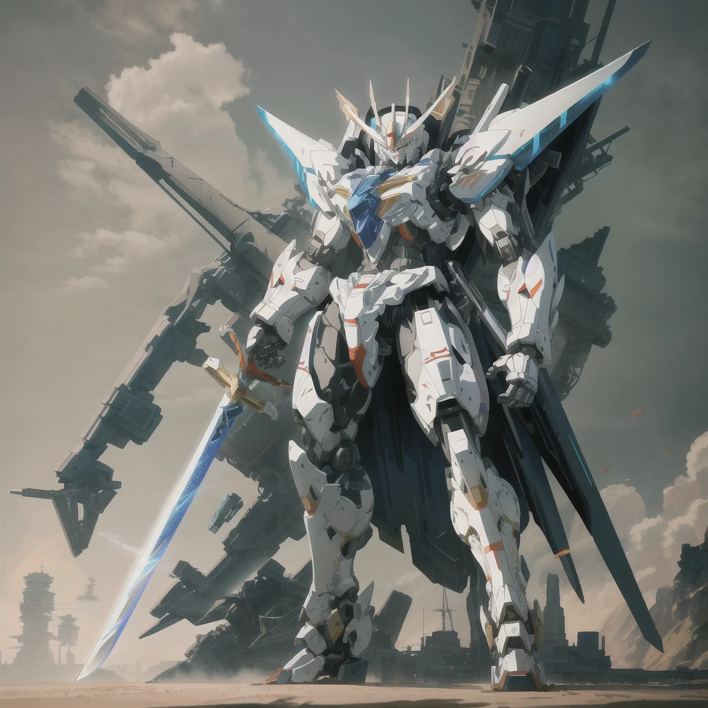 arafed robot standing in front of a huge structure with a sword, alexandre ferra white mecha, modern mecha anime, cool mecha style, an anime large mecha robot, white mecha, 4k highly detailed digital art, mecha art, concept art wallpaper 4k, anime mecha aesthetic, mecha anime, high quality digital concept art