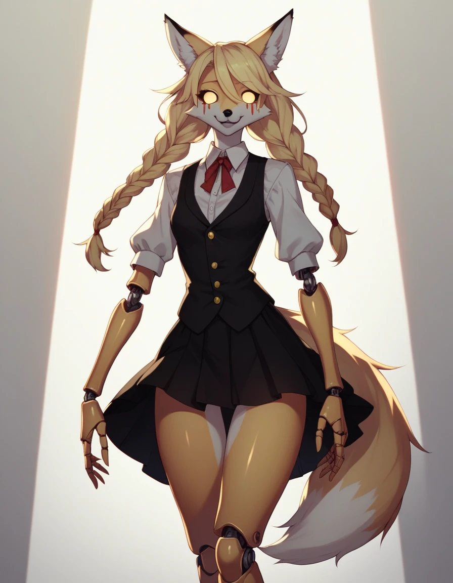 Solo, Score_9, score_8_up, score_7_up, kemono style, Kimiko, An Anthro furry fox girl, yellow furry body, yellow fox tail, , black nose, blonde hair, braided hair, wearing elegant black vest, black short skirt, doll joints, walking elegantly, she is a marionette doll, marionette strings attached to her limbs, a giant shadowy figure behind her, simple shadow background, gradient lighting, she is smiling, tearing up, soulless empty eyes