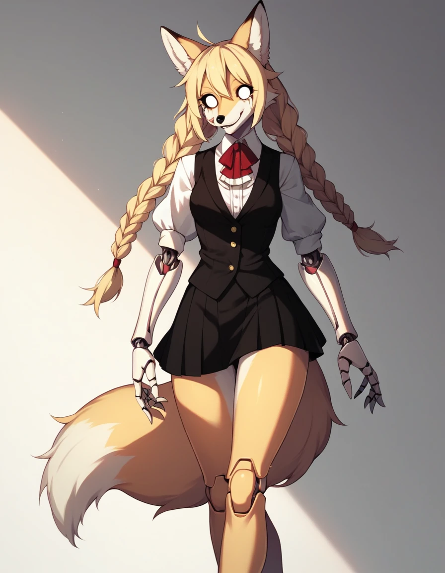 Solo, Score_9, score_8_up, score_7_up, kemono style, Kimiko, An Anthro furry fox girl, yellow furry body, yellow fox tail, , black nose, blonde hair, braided hair, wearing elegant black vest, black short skirt, doll joints, walking elegantly, she is a marionette doll, marionette strings attached to her limbs, a giant shadowy figure behind her, simple shadow background, gradient lighting, she is smiling, tearing up, soulless empty eyes