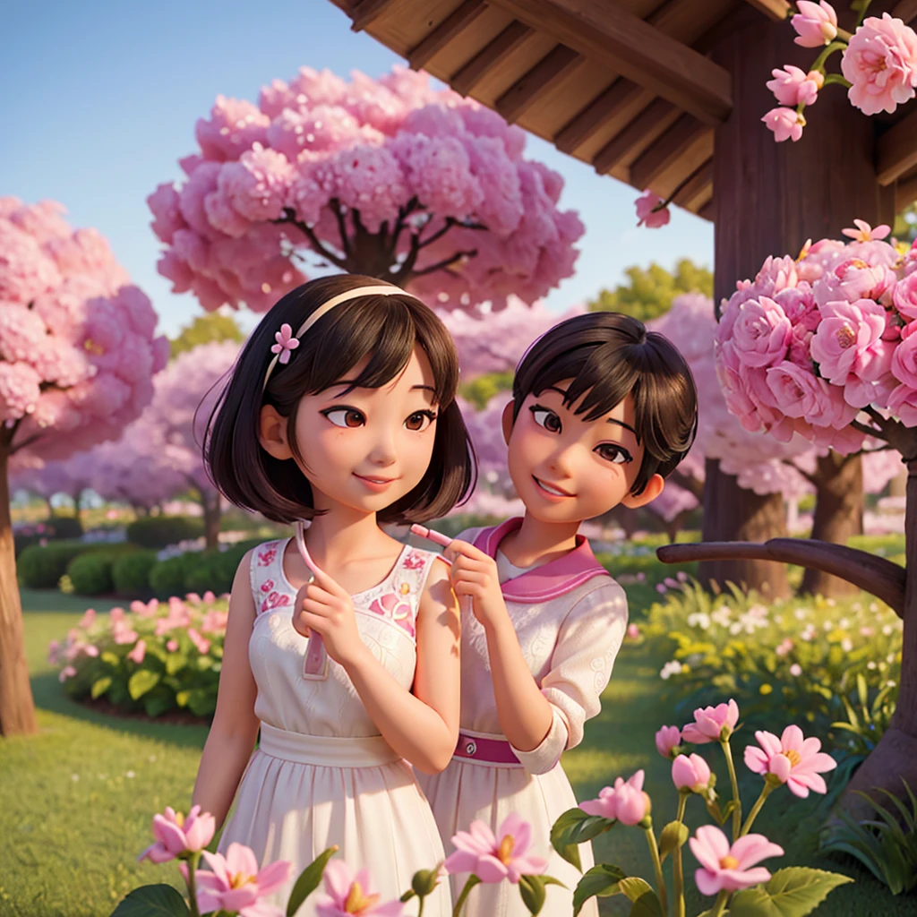 a smiling asian girl and asian boy in a flower park, detailed beautiful faces, beautiful detailed eyes, beautiful detailed lips, extremely detailed eyes and face, long eyelashes, beautiful flower garden, cherry blossoms, sunlight, vivid colors, photorealistic, 8k, highres, best quality, masterpiece, detailed art