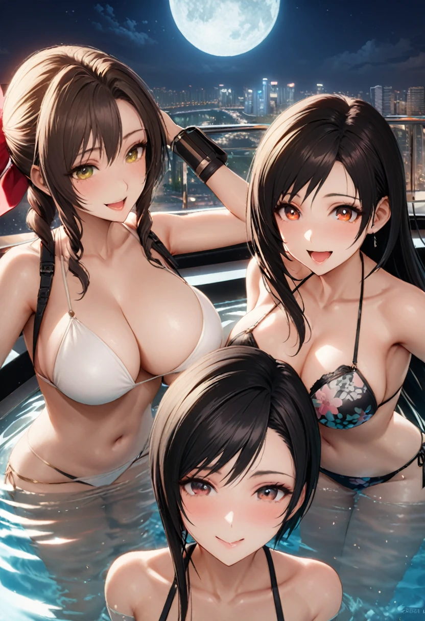 Highest quality, Super quality, 16K, Incredibly absurd, Very detailed, delicate and dynamic, SFW, Natural light, Small particles reflect light, Diffuse reflection of light, Vortex of Light, Lots of starlight, fire works, roof top pool of Marina Bay Sands Singapore, night, moon, 水面にmoonが映る, night景, Create amazing image effects, pool side bar, pool party, Sumptuous cuisine, Upper body close-up, (, cute sexy three girls, Aerith Gainsborough, Yuffie Kisaragi, and Tifa Lockhart, big busts, Sensual expression, peacefulness, Elegant, Charm, lure, Pool party with my girlfriend, , pool side bar, cactail, シンガポールのnight景, black long hair, Chic swimwear, cheers , )