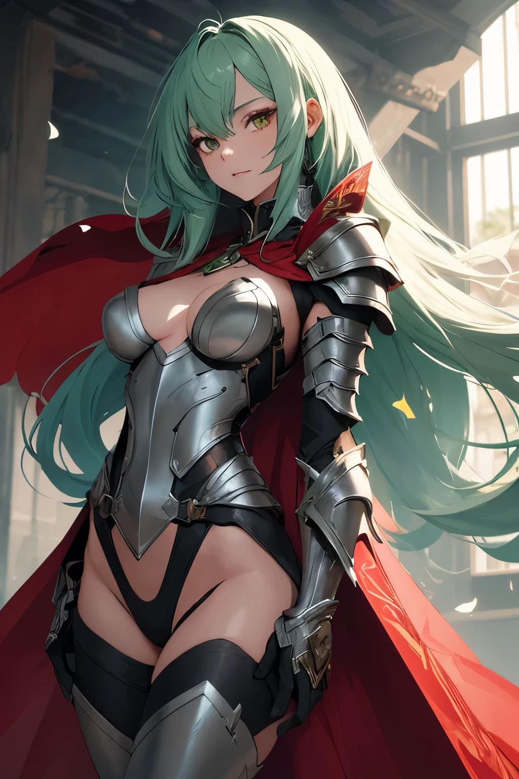 In the realm of anime, a 27-year-old woman with a distinct appearance stands out. Her hair, a vibrant green, is adorned with small bars, adding an unique touch to her style. She's clad in heavy armor, a silver suit that gleams under the light, with intricate details in red, creating a contrast that is visually striking. The armor includes greaves and plates, each piece meticulously crafted and polished to perfection. Over her shoulder, a red cape flows, catching the wind and billowing out, while her eyes, as red as her cape, glimmer with an unknown intensity. With this stunning visual, you can't help but be