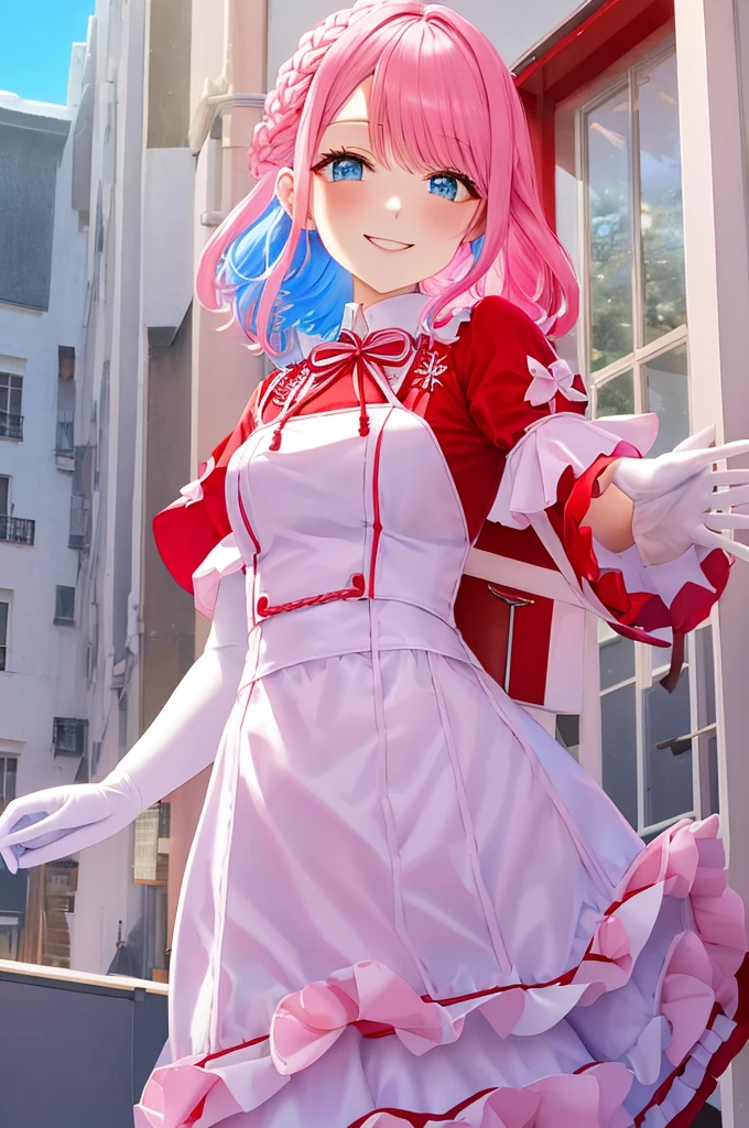 White and red outfit, pink and pastel blue hair, facing viewer, smiling, HakurenINN, medium hair, blue eyes, french braid, collared dress, white dress, show shoulders, white gloves, show tummy