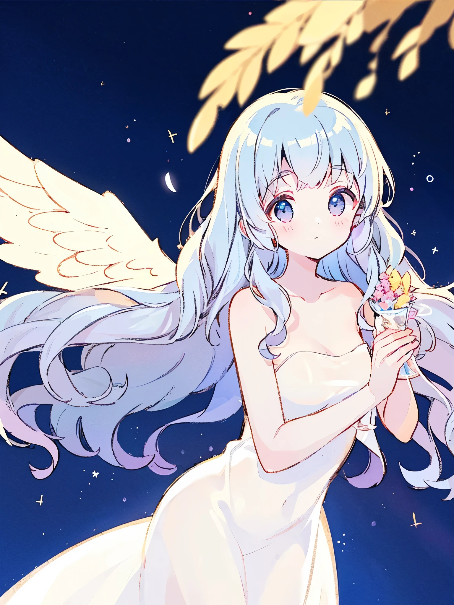 nude angel girl wearing an ethereal translucent dress, pale skin, ((blue mint wavy hair)), white feathers, angel wings, sparkling detailed eyes, golden ratio face, perfect composition, highly detailed, ethereal, (starry night sky background), midjourney style