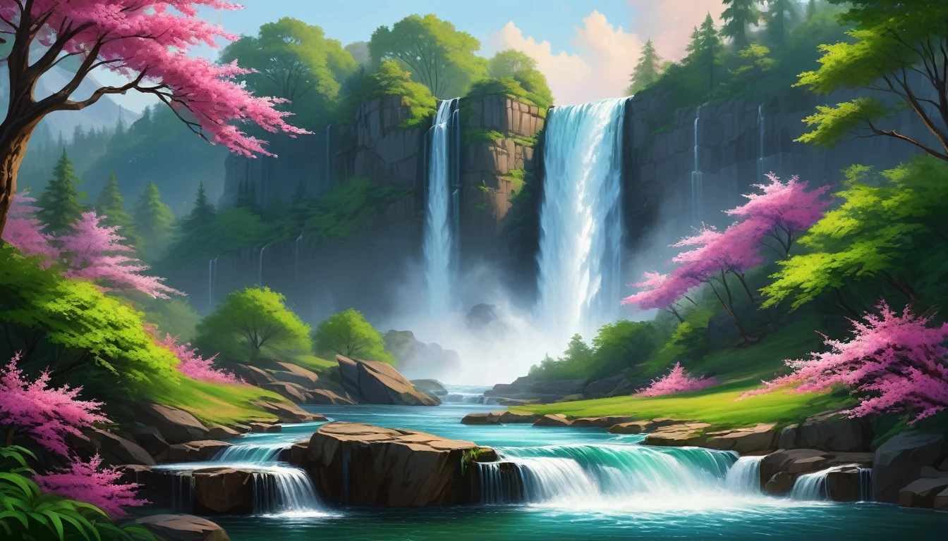 a painting of a cascade with pink flowers and green leaves with majestic waterfall, flowers and cascades, peaceful beau cascade, beau wallpaper, beau stunning cascade, very beau photo, with trees and cascades (masterpiece, ultra quality, high resolution, 8k, intricate: 1.2), (masterpiece), (best quality:1)