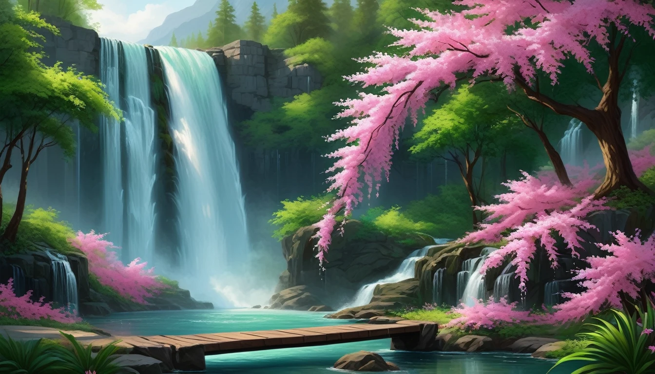 a painting of a cascade with pink flowers and green leaves with majestic waterfall, flowers and cascades, peaceful beau cascade, beau wallpaper, beau stunning cascade, very beau photo, with trees and cascades (masterpiece, ultra quality, high resolution, 8k, intricate: 1.2), (masterpiece), (best quality:1)