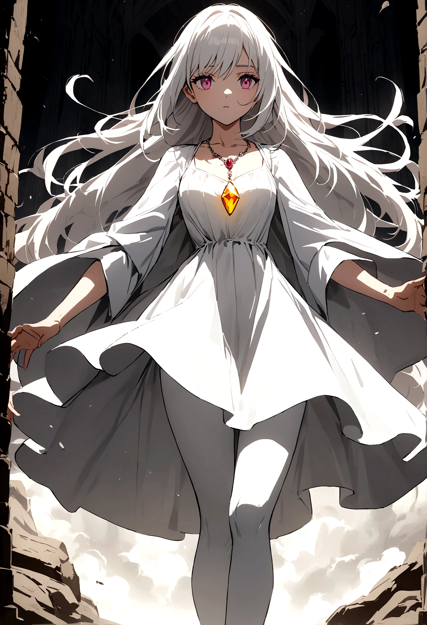 Create a woman, long straight white hair, pink eyes, a white dress that reaches her thighs and white tights with white shoes, She has a necklace with a red and yellow stone in the middle