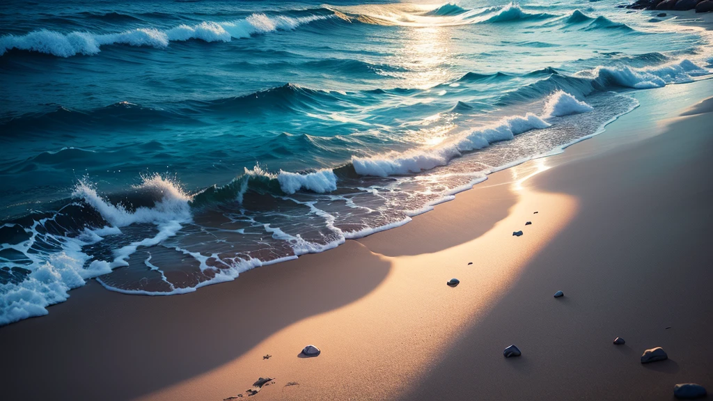 Arad image of beach with pebbles and shiny stones, Amazing light reflection, The glow of the refracted moon, Magical Beach, Bioluminescent sphere, author：Alexander Kucharsky, author：Alexei Venezhanov, Beautiful moonlight, Beautiful moonlight, author：Jan Rustam, White moon landscape on sandy beach, Breathtaking composition, ocean specularism, Shining Reflection --Automatic