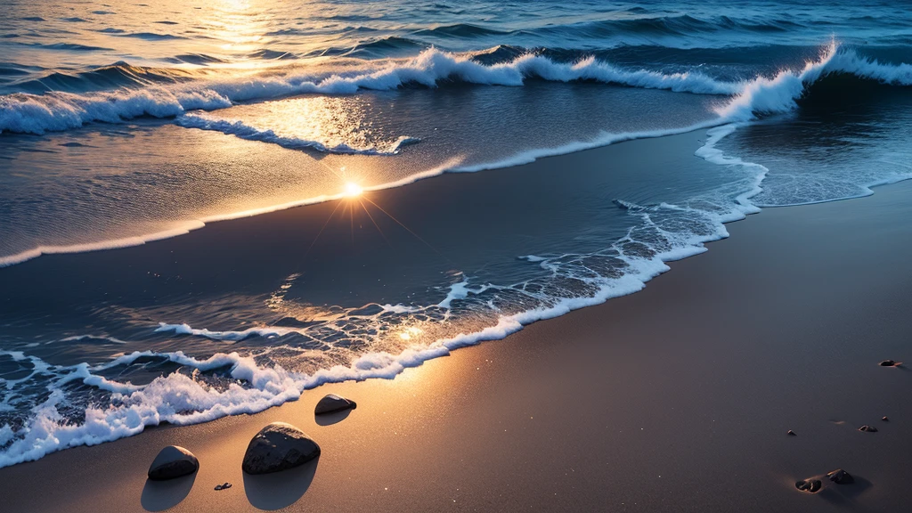 Arad image of beach with pebbles and shiny stones, Amazing light reflection, The glow of the refracted moon, Magical Beach, Bioluminescent sphere, author:Alexander Kucharsky, author:Alexei Venezhanov, Beautiful moonlight, Beautiful moonlight, author:Jan Rustam, White moon landscape on sandy beach, Breathtaking composition, ocean specularism, Shining Reflection --Automatic