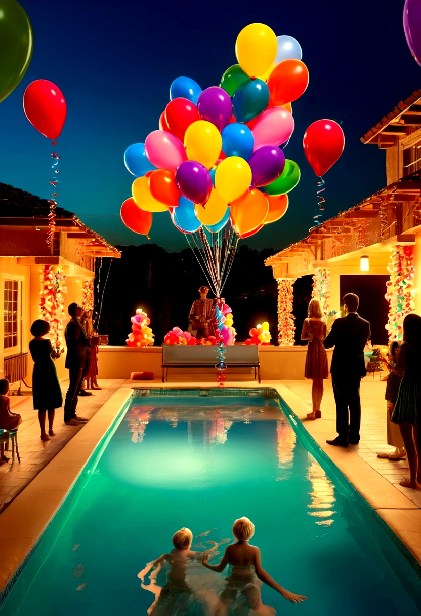 (Pool parties), a vibrant pool  set in a futuristic eco-city, where the latest in aquatic technology seamlessly blends with nature. The pool, a vast, crystal-clear bioluminescent body of water, glows with an iridescent palette that shifts with the underwater currents, casting a dreamy ambiance over the entire scene, full body, (Photography), panoramic view, award-winning, cinematic still, emotional, vignette, dynamic, vivid, (masterpiece, best quality, Professional, perfect composition, very aesthetic, absurdres, ultra-detailed, intricate details:1.3)