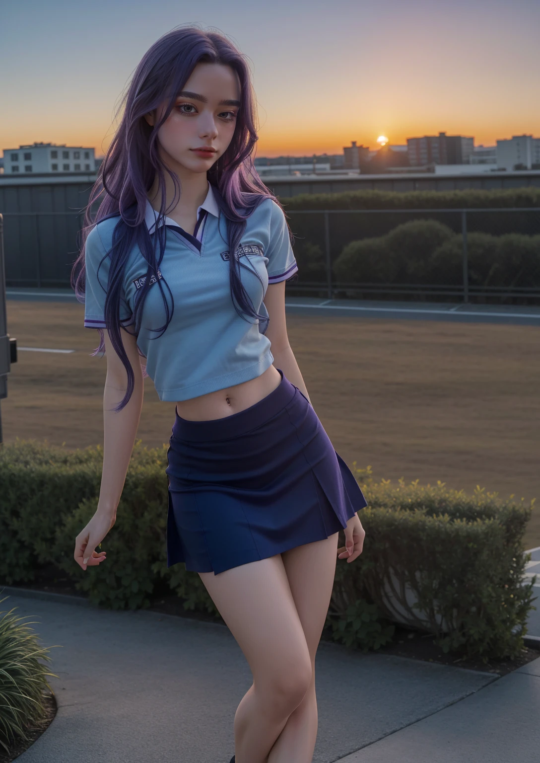 (1 lady), The beautiful, (Best quality at best:1.4), (ultra - detailed), (extremely detailed CG unified 16k), ((masterpiece)), ((best quality)), ((highres)), ((detailed background)), solo, gym woman body, natural lighting, sunset, (ichinose kotomi, amazingly attractive, perfect body), clannad uniform, blue skirt, black socks, hair ornaments, RAW UHD 8k photography, tarankaaa, 1girl blueish purple hair, library background, hyper realistic, realistic cinematic face, head to feet long wide zoomed out view, full body long view, photorealistic, gorgeous, extremely beautiful face, perfect model beauty, (amazing legs, strong legs, athletic legs), combat boots, clear and well-cared skin