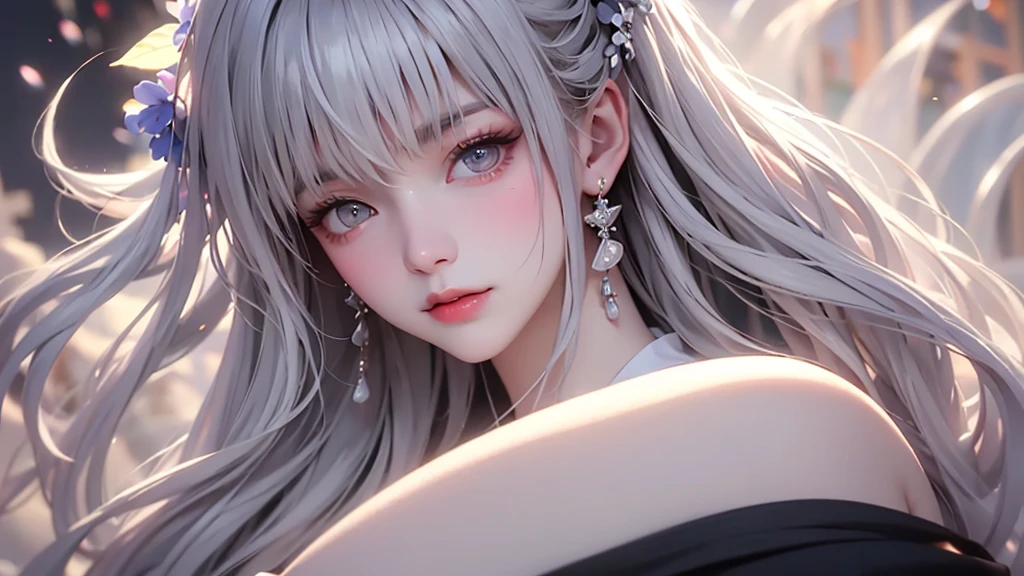 super high quality, masterpiece, Perfect illustration, Very detailed (Exquisite light and shadow, Very dramatic photo,Backlight) , ((Gray Hair:1.5))1 Girl,(( alone:1.6)), (Wearing Han clothes, Black and white Hanfu,Monotony,Long sleeve) Flower Field, Flowers, (White smoke:1.3) (Realistic:1.4), Zen Intertwining, Tangled, Official Art, unity 8k wallpaper, Very detailed, Beautiful and beautiful, masterpiece, Highest quality, (Dynamic Angle: 1.4), Glowing Skin, (Floating colorful flashes: 1) The most beautiful chaotic shapes, elegant, Brutalist Design, Bright colors, Romantic Depth of Field Exotic_dance, half_naked、(Expose your shoulders、Ample breasts、Beautiful cleavage)