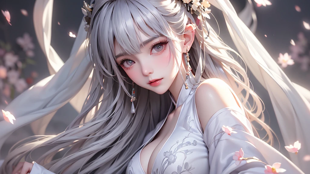 super high quality, masterpiece, Perfect illustration, Very detailed (Exquisite light and shadow, Very dramatic photo,Backlight) , ((Gray Hair:1.5))1 Girl,(( alone:1.6)), (Wearing Han clothes, Black and white Hanfu,Monotony,Long sleeve) Flower Field, Flowers, (White smoke:1.3) (Realistic:1.4), Zen Intertwining, Tangled, Official Art, unity 8k wallpaper, Very detailed, Beautiful and beautiful, masterpiece, Highest quality, (Dynamic Angle: 1.4), Glowing Skin, (Floating colorful flashes: 1) The most beautiful chaotic shapes, elegant, Brutalist Design, Bright colors, Romantic Depth of Field Exotic_dance, half_naked、(Expose your shoulders、Ample breasts、Beautiful cleavage)