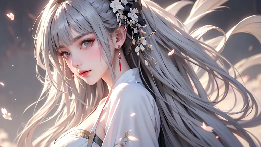 super high quality, masterpiece, Perfect illustration, Very detailed (Exquisite light and shadow, Very dramatic photo,Backlight) , ((Gray Hair:1.5))1 Girl,(( alone:1.6)), (Wearing Han clothes, Black and white Hanfu,Monotony,Long sleeve) Flower Field, Flowers, (White smoke:1.3) (Realistic:1.4), Zen Intertwining, Tangled, Official Art, unity 8k wallpaper, Very detailed, Beautiful and beautiful, masterpiece, Highest quality, (Dynamic Angle: 1.4), Glowing Skin, (Floating colorful flashes: 1) The most beautiful chaotic shapes, elegant, Brutalist Design, Bright colors, Romantic Depth of Field Exotic_dance, half_naked、(Expose your shoulders、Ample breasts、Beautiful cleavage)
