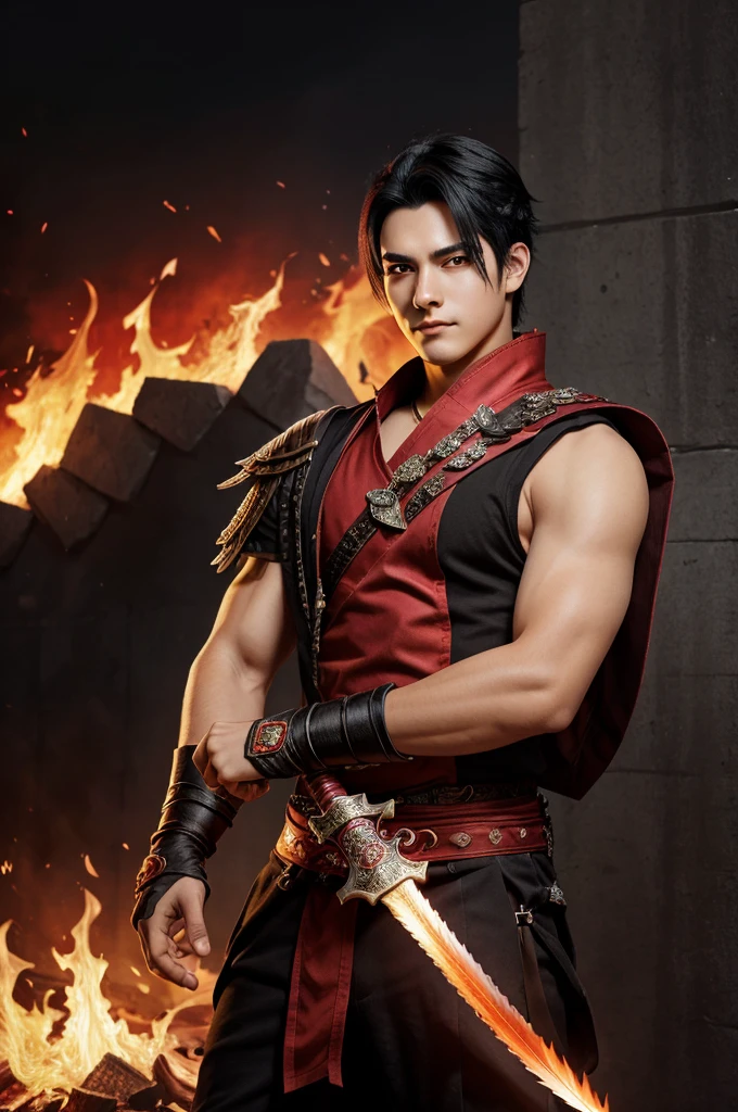 A man with black hair, 18 years old, a smirk on his face, in one hand carries a sword resting on shoulder other hand was burning with red flames, modern xinxia background, anime style.