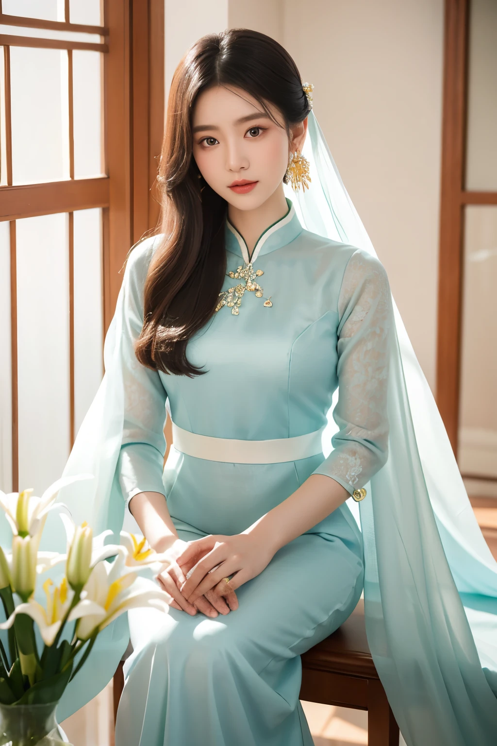 A portrait of a radiant young woman, elegantly draped in a pristine white ao dai, lays serenely by a vase filled with delicate lilies. The scene evokes the timeless beauty and grace of traditional Vietnamese art, reminiscent of To Ngoc Van's celebrated painting, "Young Women with Lilies." The backdrop features a subtle harmony of light sky-blue and indigo hues, which envelop the scene in a tranquil atmosphere.

Meticulous details in every fold of the ao dai and the intricate design of the lilies highlight the exquisite craftsmanship that is characteristic of high-end fashion portraits.