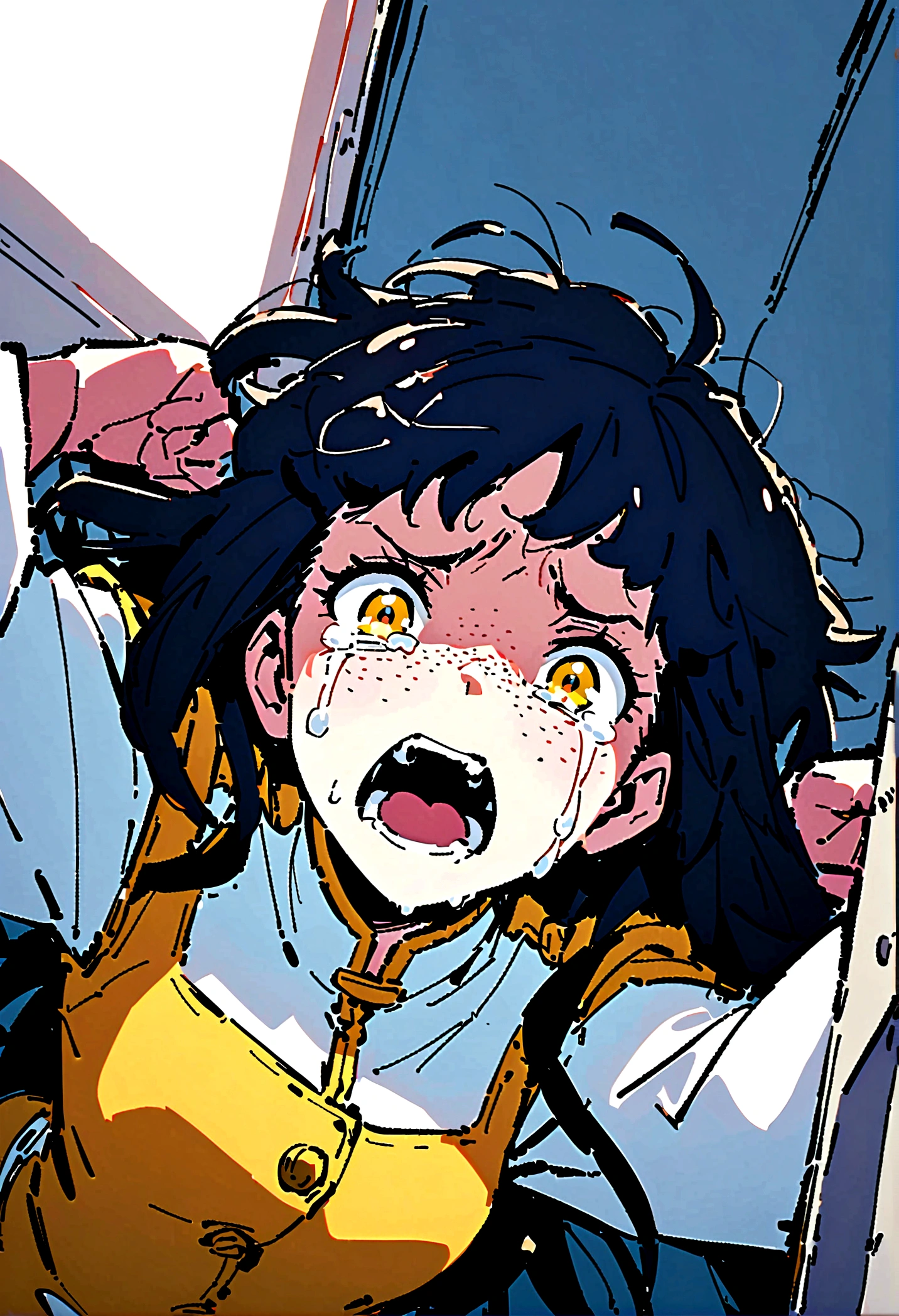 screenshot of my hero academy. girl blue and black hair, yellow eyes and freckles on her face. in a downward looking plane, crying uncontrollably and screaming, while her hands are covering her ears while she cries a thousand tears in her face.