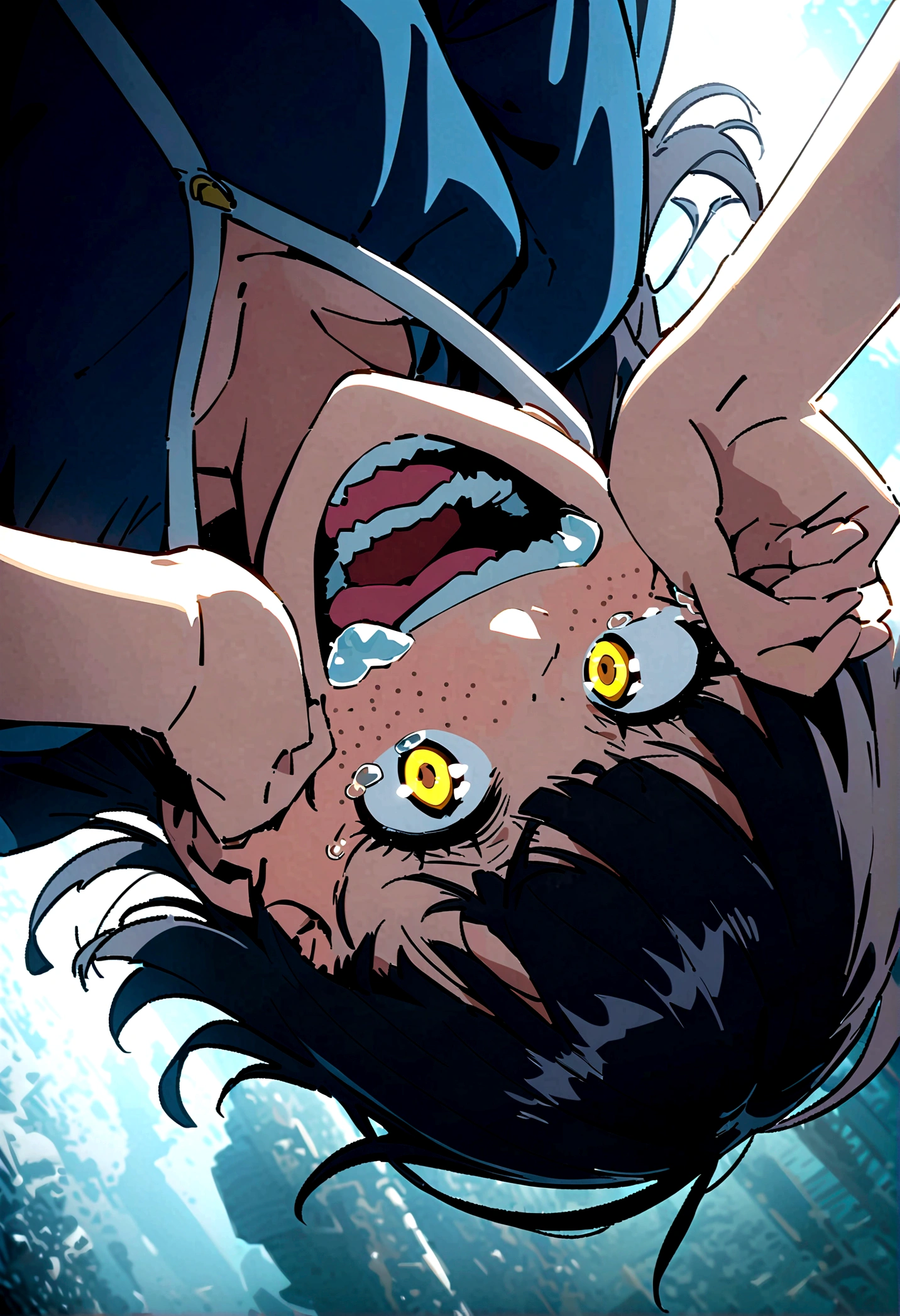screenshot of my hero academy. girl blue and black hair, yellow eyes and freckles on her face. in a downward looking plane, crying uncontrollably and screaming, while her hands are covering her ears while she cries a thousand tears in her face.