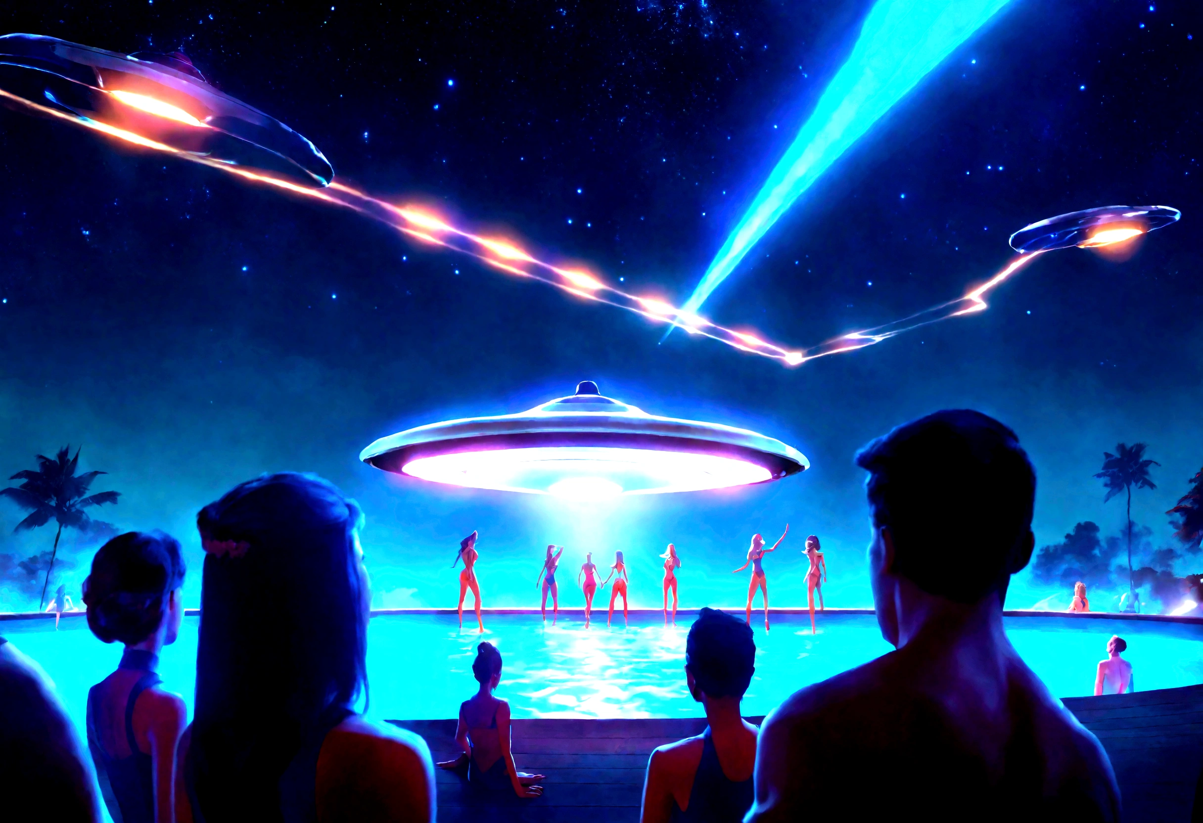 a group of people in swimsuits having a night pool party, looking up at a UFO in the starry sky, detailed realistic lighting, cinematic composition, photorealistic, dramatic mood, dark dramatic colors, moody blue tones, dramatic rim lighting, volumetric fog, stunning hyper-detailed starry night sky, highly detailed UFO, intricate details, 8k, masterpiece