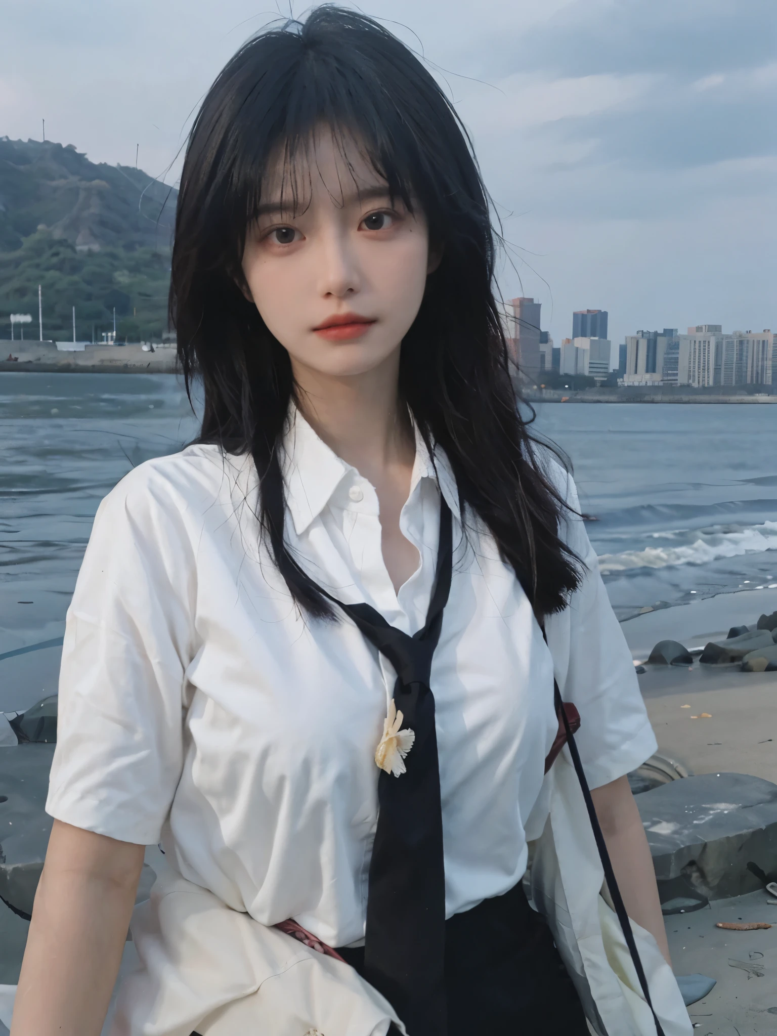 Best quality,masterpiece,Ultra-high resolution,16K,Beach Background,(Photo Realism:1.4),1 Girl,JK,Sexy,(Shirt and Tie:1.2),(Big breasts:1.3),(Upper body:1.4)
