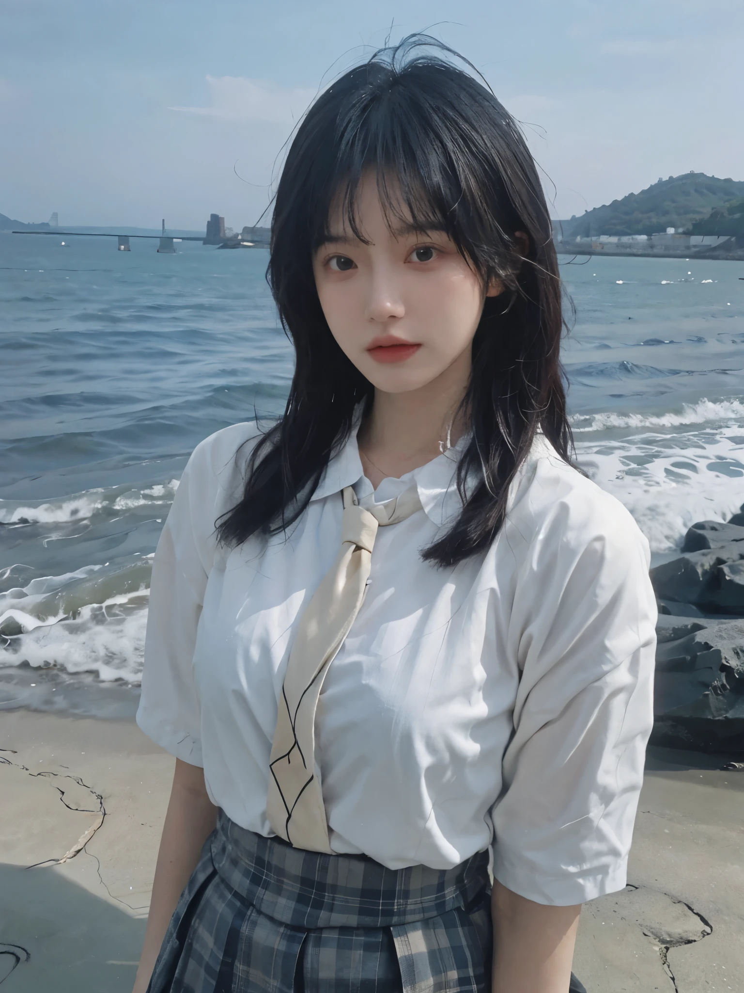 Best quality,masterpiece,Ultra-high resolution,16K,Beach Background,JK,(Photo Realism:1.4),1 Girl,JK,Sexy,(Shirt and Tie:1.2),(Big breasts:1.3),(whole body:1.4)
