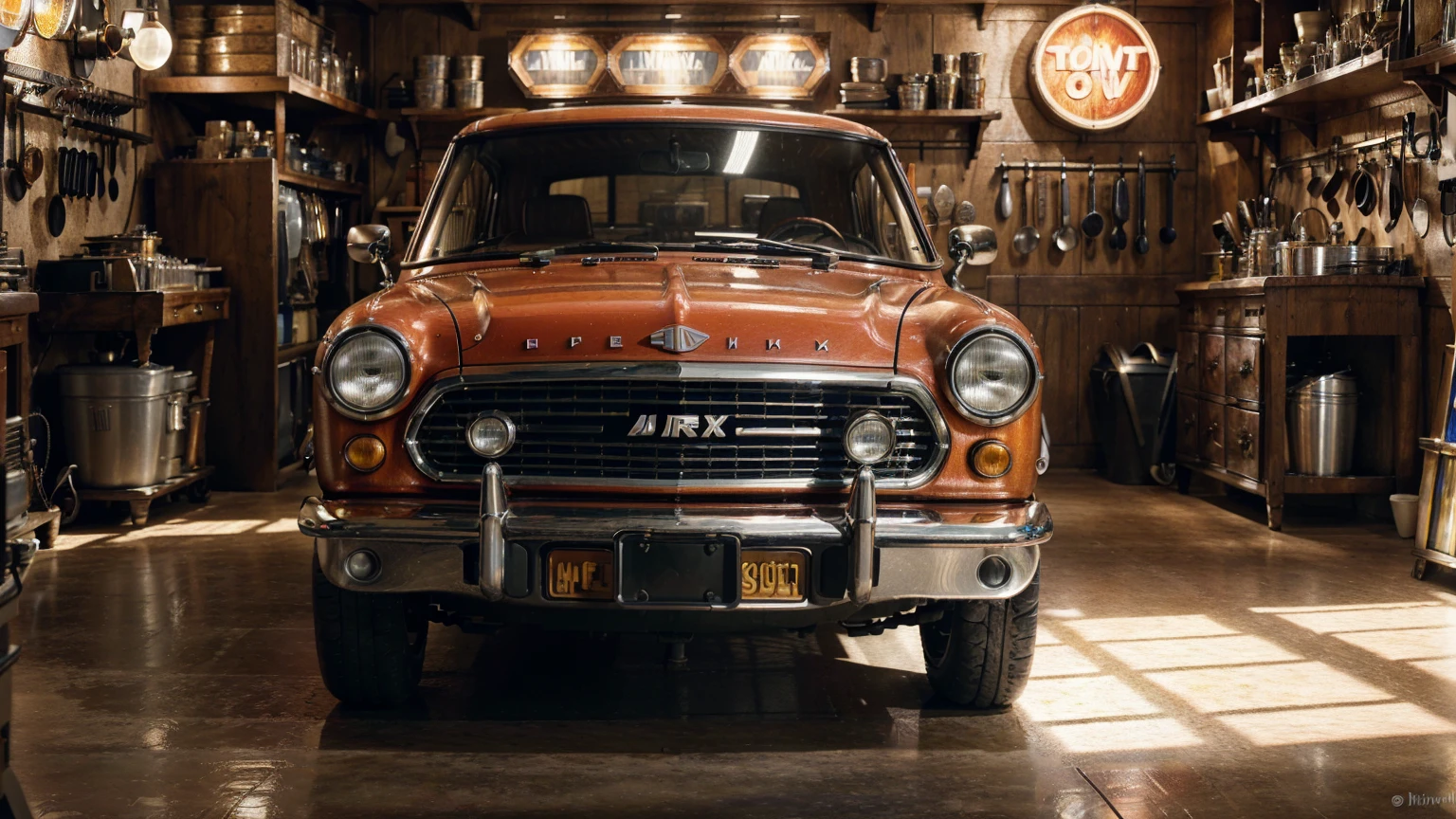 (create an ultra-high definition, hyper-realistic, highly detailed, high-quality image, sharp focus, professional lighting, vivid colors, warm tones and intricate details, representing in detail a restoration workshop with vintage neon signs, vintage advertising signs, cylinders, tool cabinet, tool rack, bicycle, motorcycle, lively atmosphere and relaxed attitude, meticulously capturing every intricate detail). Fujifilm XT3 sharp focus, professional lighting, vivid colors, intricate details, film grain, Fujifilm XT3 realistic painting art, f5.6, physically-based rendering, natural lighting, cinematic lighting ,dramatic lighting, professional, dynamic movement, colorful lighting, vibrant colors, studio lighting, professional photography, cinematic composition, symmetrical framing, landscape, (best quality,4k,8k,16k,Highest,masterpiece:1.2),(realistic,photorealistic,photo-realistic:1.37), (extremely detailed CG unit, 16k wallpaper), (ultra-high definition, hyper-realistic, highly detailed, high-quality image, sharp focus, professional lighting, vivid colors and intricate details), Utilize state-of-the-art deep learning models and adjust parameters according to quality metrics such as Structural Similarity (SSIM) and Perceptual Loss to create an image that is indistinguishable from a real, high-quality photograph,h, (fine-tuning), (be creative),
