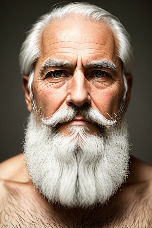 Man with a distinguished white beard, his piercing white eyes radiating wisdom and sagacity, is masterfully captured in this exquisite portrait. With an ultra-high resolution, this image showcases every intricate detail of his aged yet dignified visage, from the silvery strands of his beard to the crystalline texture of his eyes. The realism is enhanced by a rating of 1.4, providing a lifelike quality that draws the viewer in. This is an original photograph, beautifully preserved and presented in its best quality. The man's skin texture is depicted with remarkable accuracy, earning a rating of 1.2. The overall effect is reminiscent of an antique painting, with