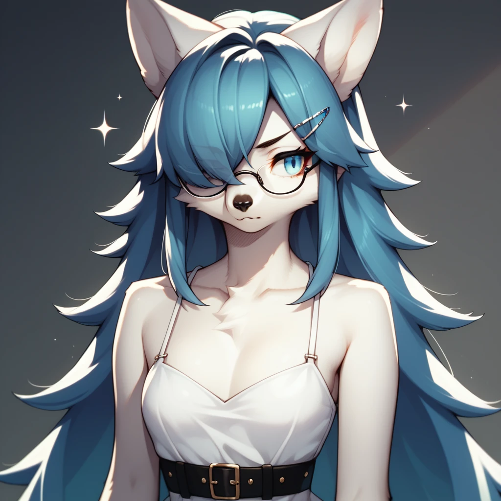 score_9,score_8_up,score_7_up, sierra, kemono style, a young nerdy Anthro furry wolf woman, white furry body,  long elegant and straight hair, (black hair):2, elegant glasses, hair clip, wearing elegant blue sundress, black belt, hands to her side, sparkles around her, she is shy, looking away, pouting, pov, pov viewer is giving her a thumbs up