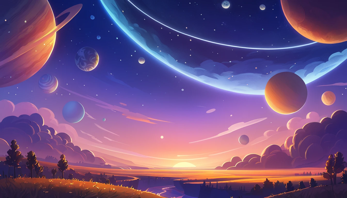 Dreamworks art style, planets in the distant sky, evening background