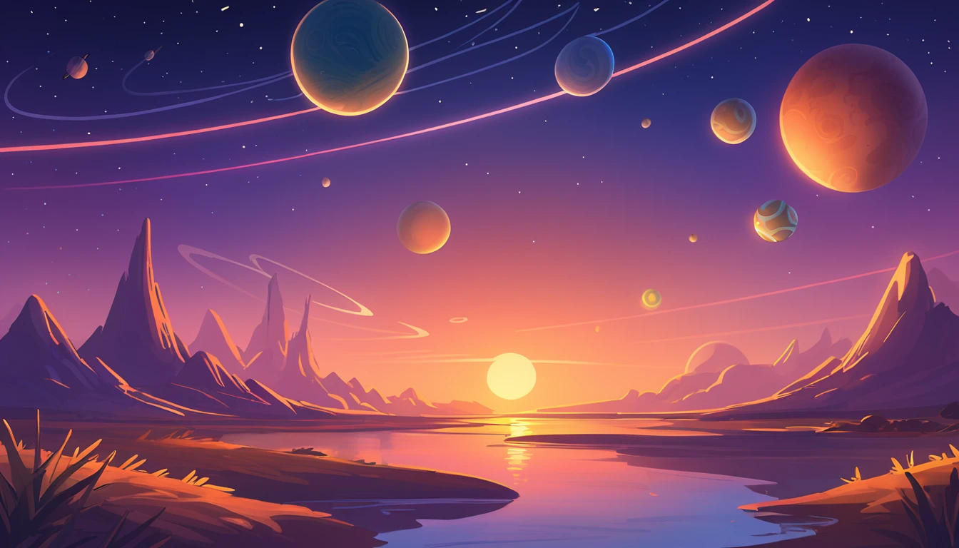 Dreamworks art style, planets in the distant sky, evening background