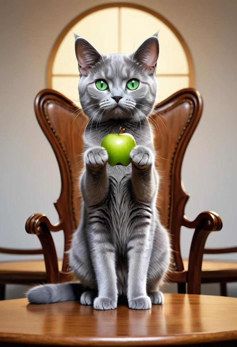 masterpiece, best quality, cartoon, ultra detailed, (symmetry:1.1), animal, gray cat holding  Mobail, green eyes, cat ears, whiskers, white chair, wooden table, apple logo on Mobail