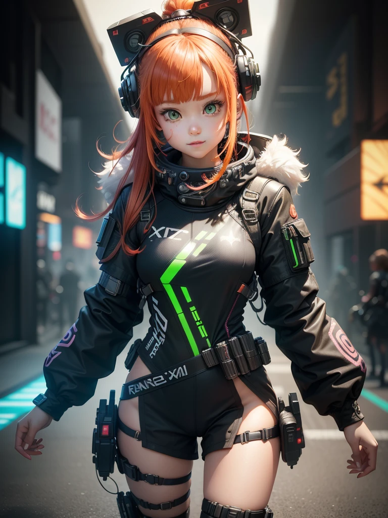 (cyberpunked),Optical camouflage、VR Goggles、Neon light、City of the Future、Jumpsuit、(1girl in, Solo:1.6),(Cute smile),(Clothes are simple), (Best Impact:1.5), (maximalism:1.7), Vivid contrast, (Realistic), hyperrealistic illustrations, hight resolution, ultra-detailliert, absurderes,(Fractal Art:1.3)、Random hairstyle、ginger red hair color colorful、green eyes, FULL BODYSHOT、Retro、Precise focus、randome pose、cinema4d、Drama