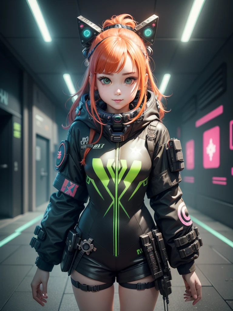 (cyberpunked),Optical camouflage、VR Goggles、Neon light、City of the Future、Jumpsuit、(1girl in, Solo:1.6),(Cute smile),(Clothes are simple), (Best Impact:1.5), (maximalism:1.7), Vivid contrast, (Realistic), hyperrealistic illustrations, hight resolution, ultra-detailliert, absurderes,(Fractal Art:1.3)、Random hairstyle、ginger red hair color colorful、green eyes, FULL BODYSHOT、Retro、Precise focus、randome pose、cinema4d、Drama