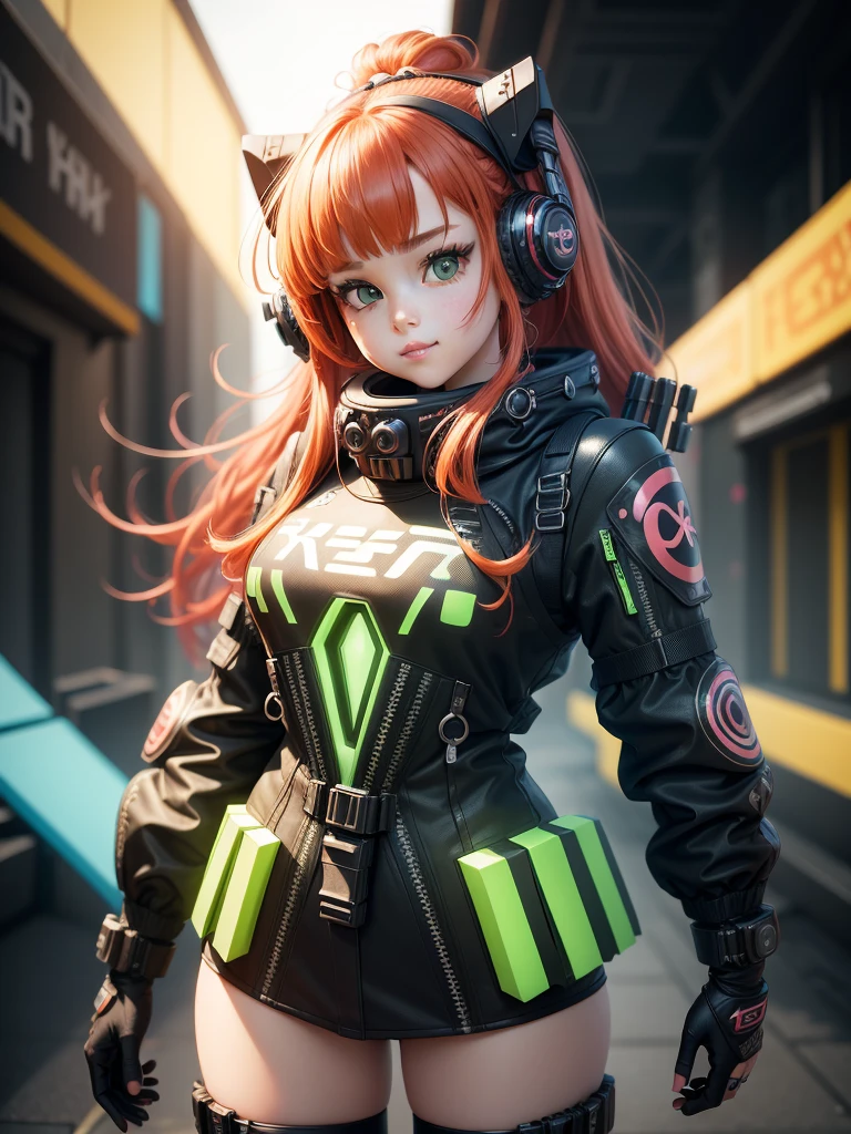 (cyberpunked),Optical camouflage、VR Goggles、Neon light、City of the Future、Jumpsuit、(1girl in, Solo:1.6),(Cute smile),(Clothes are simple), (Best Impact:1.5), (maximalism:1.7), Vivid contrast, (Realistic), hyperrealistic illustrations, hight resolution, ultra-detailliert, absurderes,(Fractal Art:1.3)、Random hairstyle、ginger red hair color colorful、green eyes, FULL BODYSHOT、Retro、Precise focus、randome pose、cinema4d、Drama