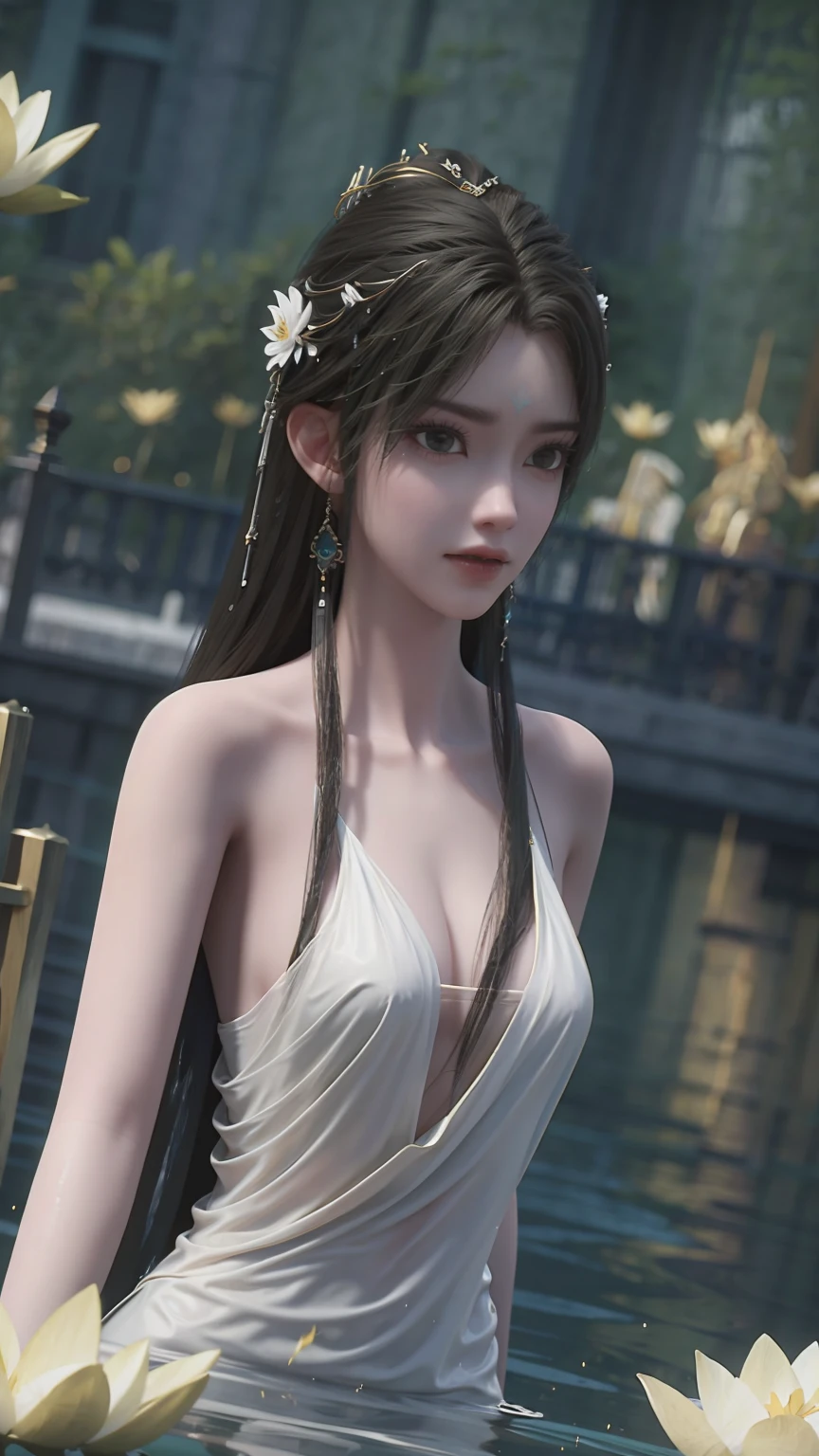 a beautiful young woman bathing in a pond, water gently lapping at her shoulders, wearing a sheer silk dress, hands covering her chest, golden glowing lotus flowers floating on the water's surface