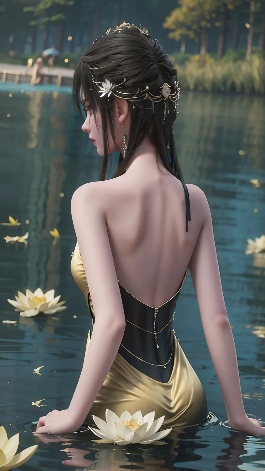 a beautiful young woman bathing in a pond, water gently lapping at her shoulders, wearing a sheer silk dress, hands covering her chest, golden glowing lotus flowers floating on the water's surface