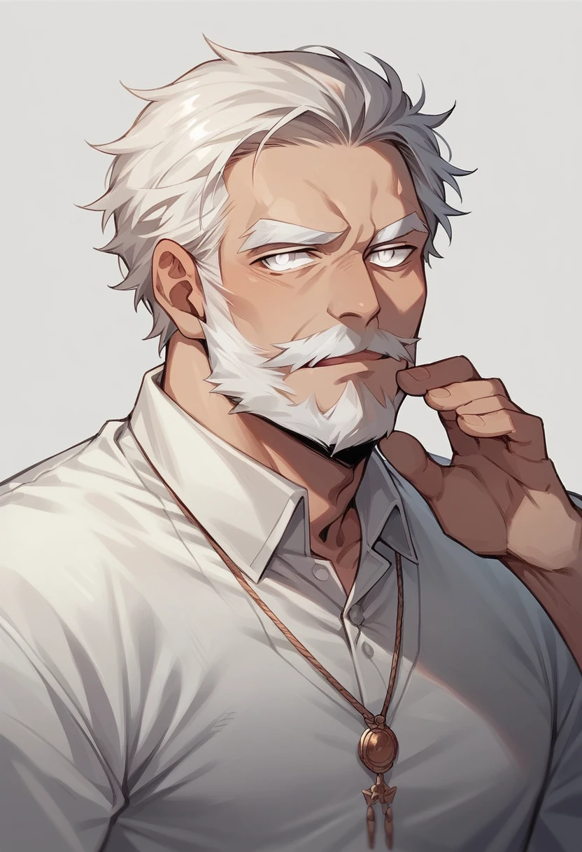 An old man with a white beard and white eyes and no glasses