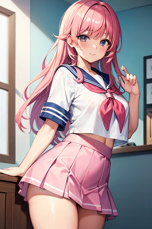 High school girl in a sailor suit with pink hair and a thick miniskirt in the infirmary