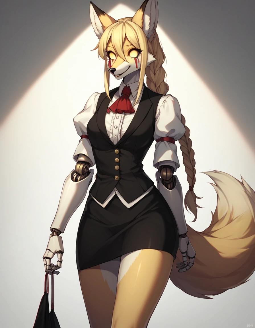 Loona from Helluva Boss, female wolf, anthro, mature adult, soft white short hair with ponytail, blindfolded with white cloth, tall, muscular, white shirt, black cargo pants, black boots, choking the viewer on floor, solo, beautiful, high quality, precise, full body, anime style, 4K