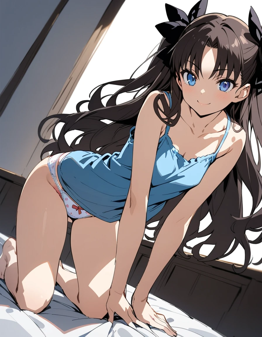 best quality, highly detailed,,solo,small breasts,tohsaka_rin,blue eyes,rough sketch,camisole,cute panties,kneeling,smile,