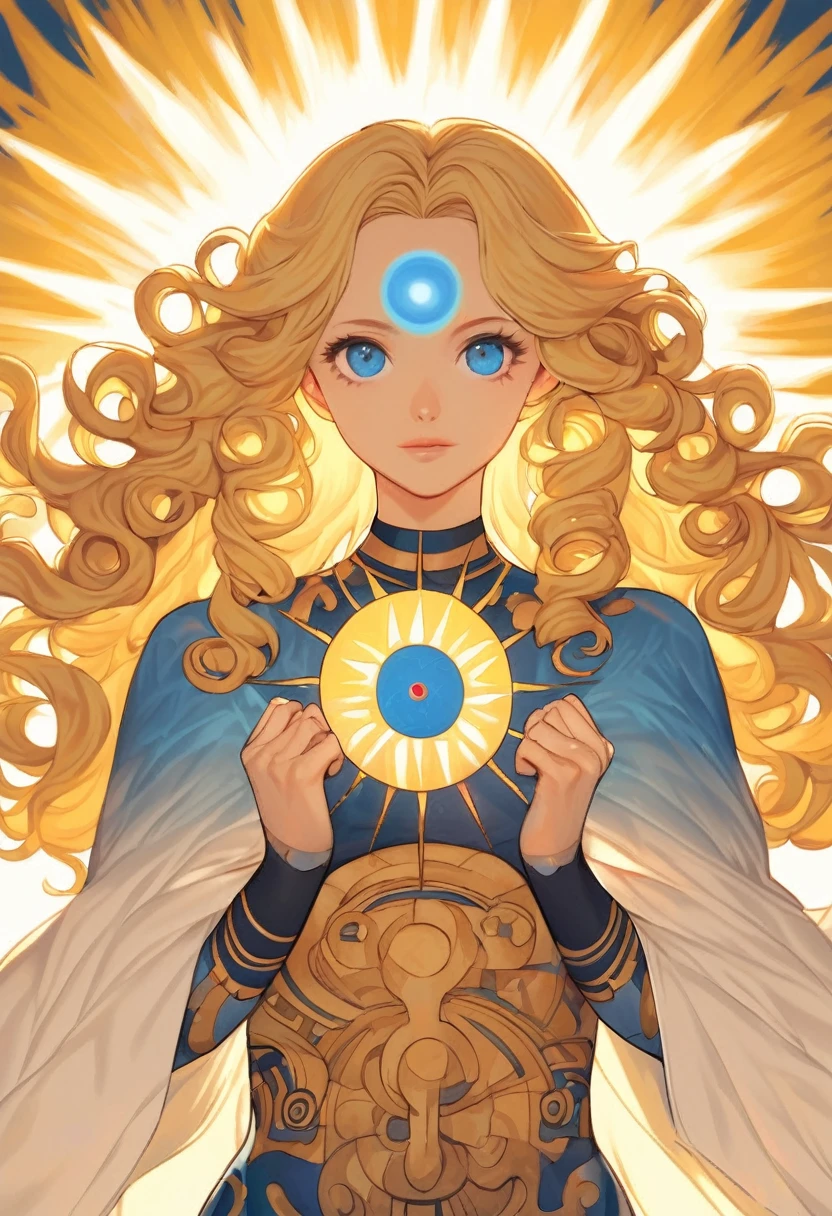 Woman with blonde curly hair, blue-eyed, wearing a harness of the Sun God