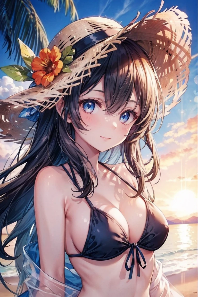 One Girl, long tied brunette hair, smile, blue eyes, Wink, View your audience, Wear a bikini, flower straw hat, (Beach), (sunset), evening, masterpiece, 8K, Perfect lighting, Perfect outfit, Perfect Anatomy, Perfect Eyes, Perfect Face, Sharp resolution, (Face close-up)