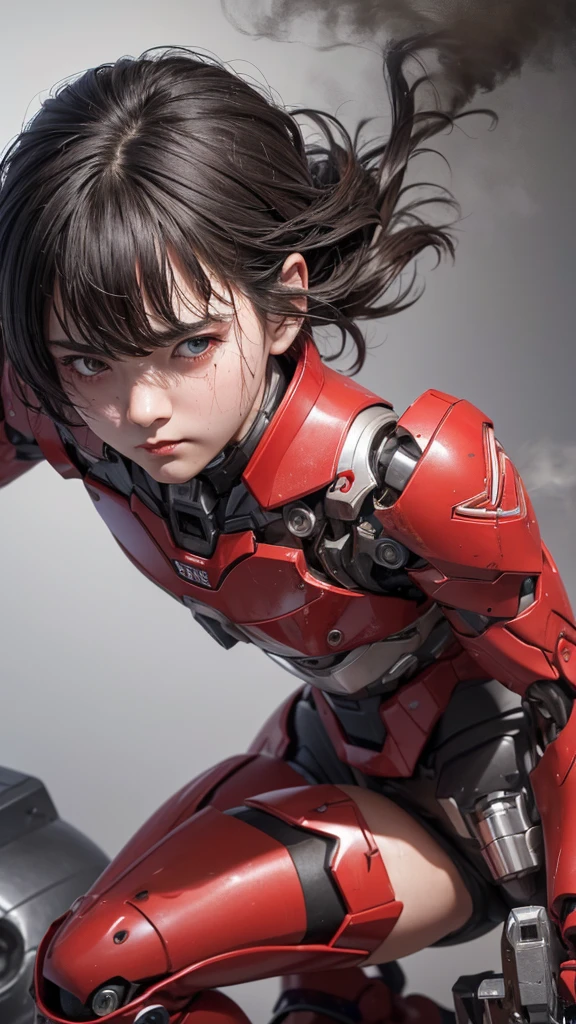 Rough skin, Very detailed, Advanced Details, high quality, 最high quality, High resolution, 1080P, hard disk, beautiful,(War Machine),beautifulサイボーグの女性,Red Mecha Cyborg Girl,Fight,Girl with a mechanical body,、Junior high school girl Very short hair、Sweaty brown eyes、Sweaty face、Expressions of unfair treatment cute Black Hair(Steam coming out of the body) ((Steam coming out of my head)) (((Steam coming out of the whole body))) Glasses Squat Spread your legs Spread your legs (Shyness)
