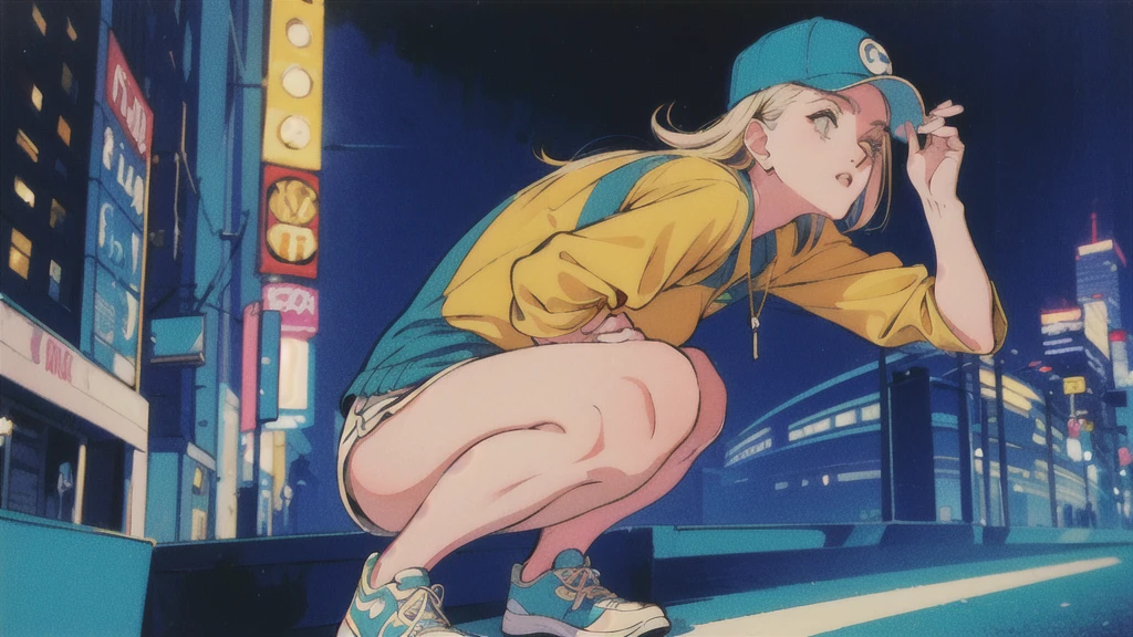 (80's, Retro, City Pop:1.5), (Album cover), (masterpiece, Highest quality, Exquisite detail), Best Photo Poses, Crouching on the city street, Dynamic Angle,girl, alone, cool, Delicate face, Wearing sunglasses, Blonde Hair, Cityscape, City of night, Casual street wear, Street side, Wearing a cap, Trendy clothing, clock, sneakers, Hands hanging down,