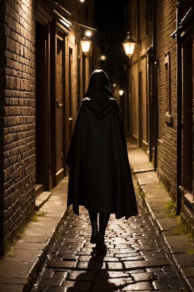 A woman walking on a muddy stone street in a medieval town tonight. The woman is wearing a black cape and hood, behind her is a boy who follows her down the street