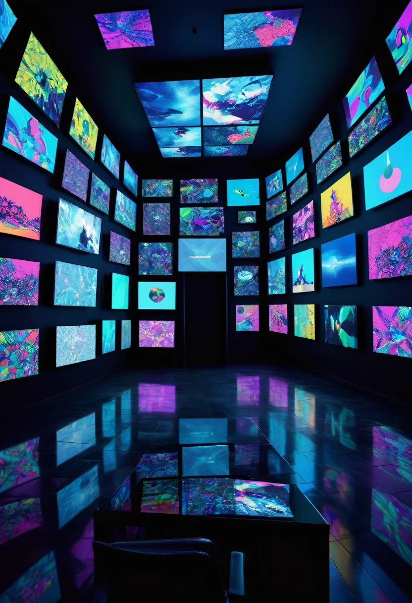 conceptual installation pop art, best quality, super fine, 16k, 2.5D, delicate and dynamic depiction, the walls are covered with monitor screens of various sizes, showing various things, including... Could that be...? dark horror fantasy, analyzer lab room, colorful, psychedelic, prism effect