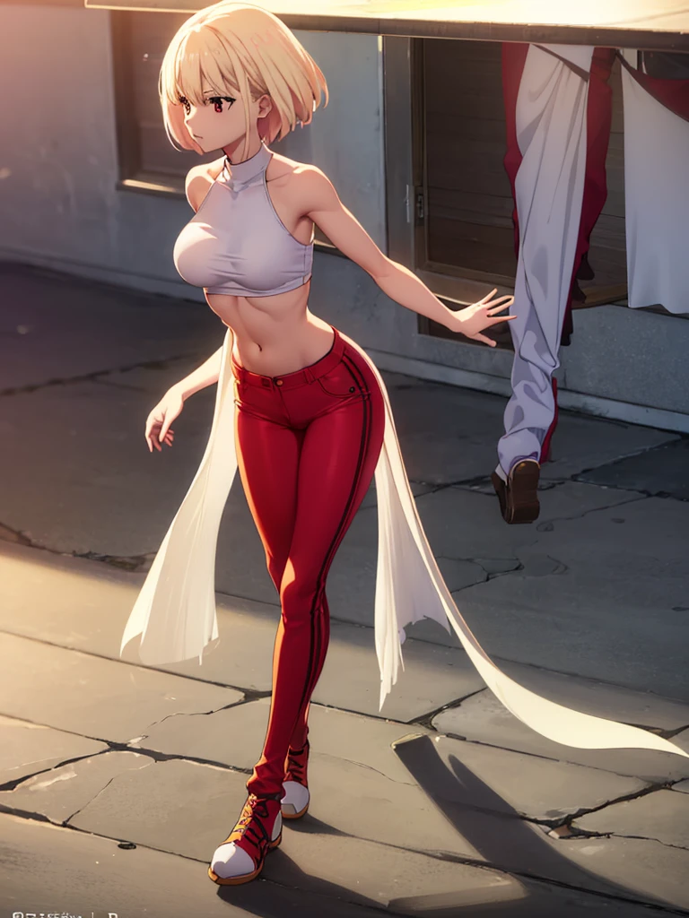 ,(Unbroken body),(Perfect body structure),(arms two),(legs two),highest quality, 4K, (High resolution:1.3) masterpiece, 1.2, Super detailed, HDR, Studio Lighting, Sharp Focus, Bright colors, Portrait, Warm tones, Soft Lighting,Blonde、Medium Short Hair、Red Eye、(Dolphin Pants)、(hands on knees)、Put your chest close、